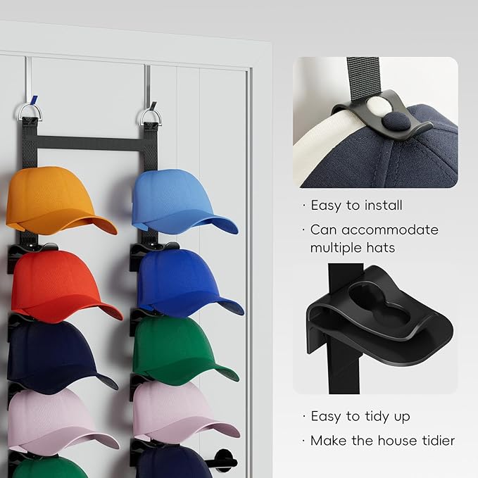 Hat Organizer for Baseball Caps, Hat Rack For Door,2-Straps Holds up to 40 Caps, Over the Door Organizer for Closet, Bedroom, Entrance Doors (Black)
