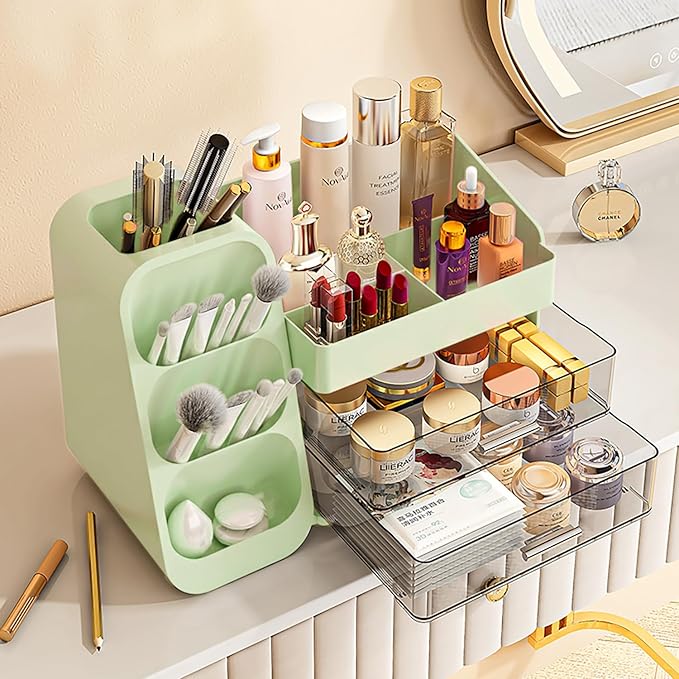 Makeup Organizer with Drawers,Large Capacity Countertop Organizer for Vanity,Bathroom and Bedroom Desk Cosmetics Organizer,Easy To Storage Skincare,Brushes,Lotions (Green)