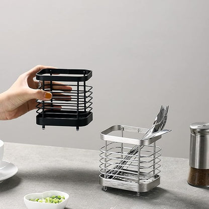 Utensil Holder, Stainless Steel Sink Drying Rack, Silverware Cutlery Flatware Holder, Cutlery Drainer for Utensils, Rust-Proof Kitchen Sink Organizer (Black)