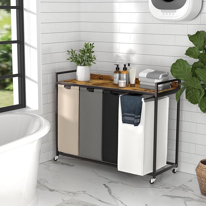 Herture Laundry Hamper with Shelf, Laundry Basket 4 Section, Laundry Sorter with Pull-Out Removable Large 4 Color Bags and Movable Wheels, Metal Frame, 4 x 15.87 Gallons (60L), Rustic Brown PF07XLN
