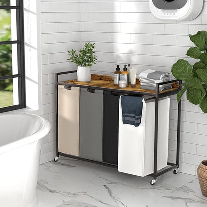 Herture Laundry Hamper with Shelf, Laundry Basket 4 Section, Laundry Sorter with Pull-Out Removable Large 4 Color Bags and Movable Wheels, Metal Frame, 4 x 15.87 Gallons (60L), Rustic Brown PF07XLN