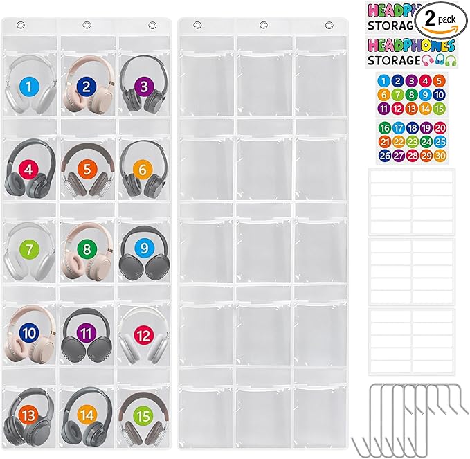 2 Pack Classroom Headphone Storage Organizer with 30 Pockets PVC Clear Organizer Holder with 4 Hooks for Headphone Organizer Classrooms