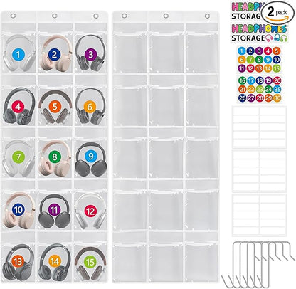2 Pack Classroom Headphone Storage Organizer with 30 Pockets PVC Clear Organizer Holder with 4 Hooks for Headphone Organizer Classrooms