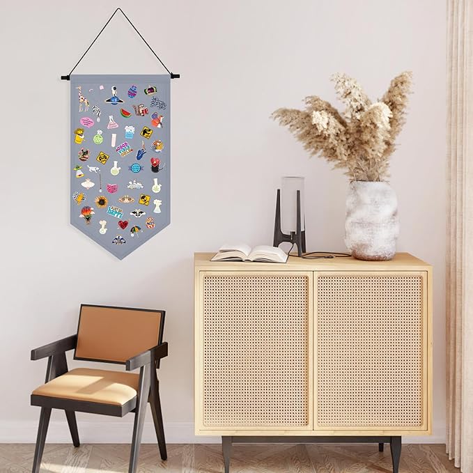 Kunyeah Wall Hanging Brooch Organizer Storage Case Colorful Canvas Pin Board Stand Enamel Pin Badge Hanging Holder Display Banner Earrings Collection Holder - Pins No Included (Gray)