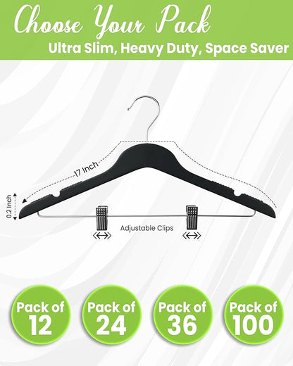 All Hung Up Hangers Slim Plastic Clothes Hangers with Clips, Space-Saving Design with Non-Slip Grip, Durable for Everyday Use, Black, 12pcs