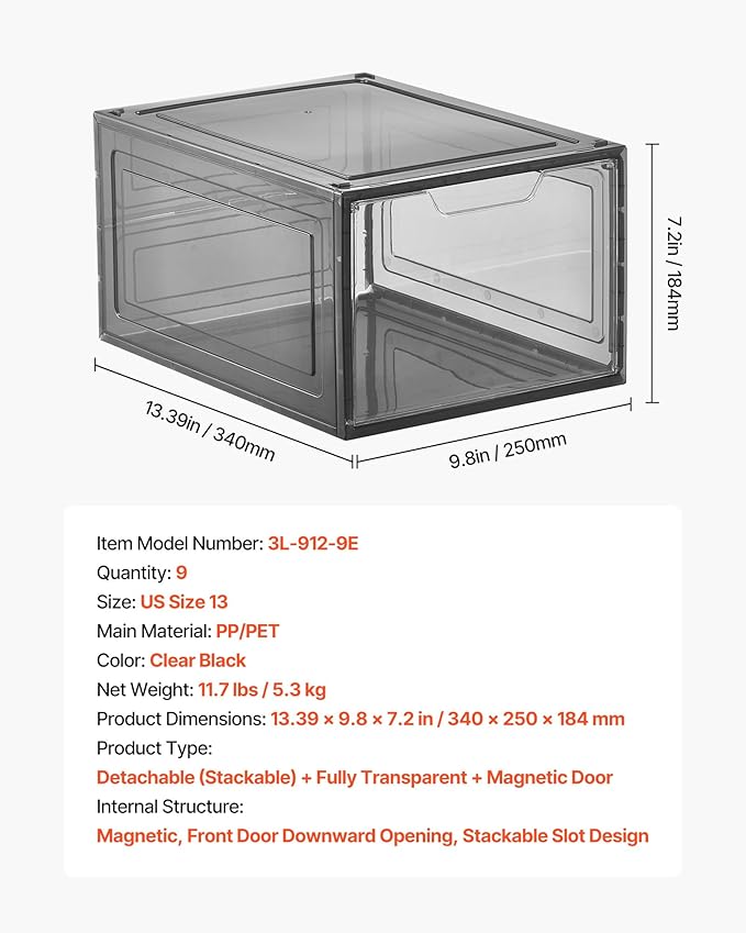 VEVOR Shoe Storage Boxes, 9 Pack Clear Stackable Shoe Boxes Storage Organizers with Magnetic Door, Fit up to US Size 13, Plastic Sneaker Containers for High Heels, Boots, and Hats, Transparent Black