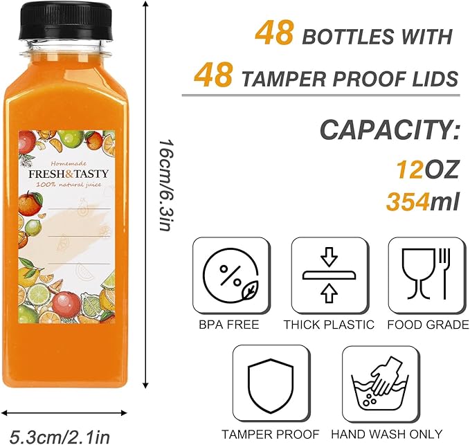 TOMNK 48pcs Juice Bottles, 12oz Reusable Plastic Juice Bottles with Caps and Labels, Funnel, Brush Beverage Containers for Juicing, Smoothies, Tea, Milk