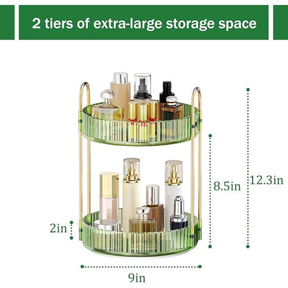 MOKANI 360 Rotating Makeup Organizer for Vanity, 2 Tier Adjustable Perfume Organizer for Dresser, Multi-Function Spinning Cosmetics Skincare Storage for Bedroom, Dresser, Countertop, Green