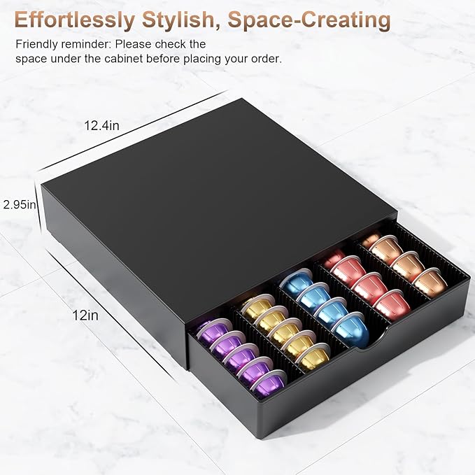 Coffee Pods Drawer Organizer Compatible with Nespresso Vertuo Pods Holds Up to 60 Small or 40 Large (Black)