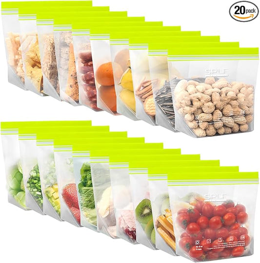SPLF 20 Pack Reusable Sandwich Bags Dishwasher Microwave Safe, BPA Free Extra Thick Leakproof Reusable Food Storage Bags Silicone Free Quart Size Freezer Bags Containers