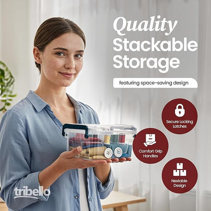 Tribello Plastic Small Storage Bins with Lids, Clear Stackable Storage Containers 2.5Q - 4 Pack