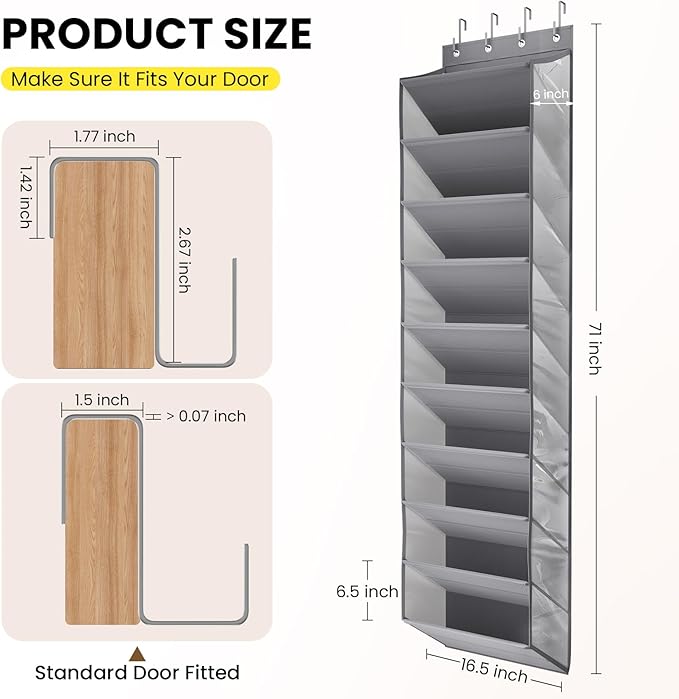 20-25 Pairs Over the Door Shoe Organizer, Clear Pockets Shoe Rack for Closet Door, 10-Tier Hanging Shoe Rack for Boots, Behind the Door Shoe Holder Fit All the Family's Sneakers, Boots, Heels, Grey