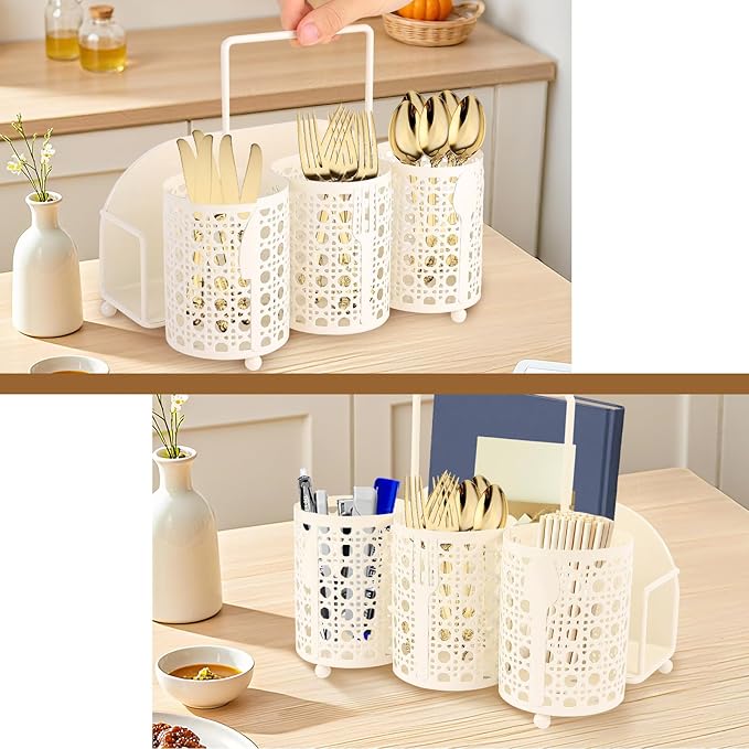 NelyBet Utensil Caddy Silverware Holder Fork Spoon Napkin Paper Plate Organizer Metal Utensil Holder Cutlery Flatware Organizers for Party Kitchen Countertop Camping Picnic - Cream Mesh