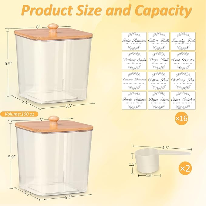efluky 2 Pack Laundry Pods Container & Dryer Sheet Holder Set,Clear Laundry Room Organization Containers with Bamboo Lids and Labels,Laundry Pods Holder for Scent Booster,Powder,Pod