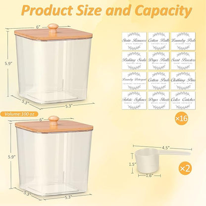 efluky 2 Pack Laundry Pods Container & Dryer Sheet Holder Set,Clear Laundry Room Organization Containers with Bamboo Lids and Labels,Laundry Pods Holder for Scent Booster,Powder,Pod