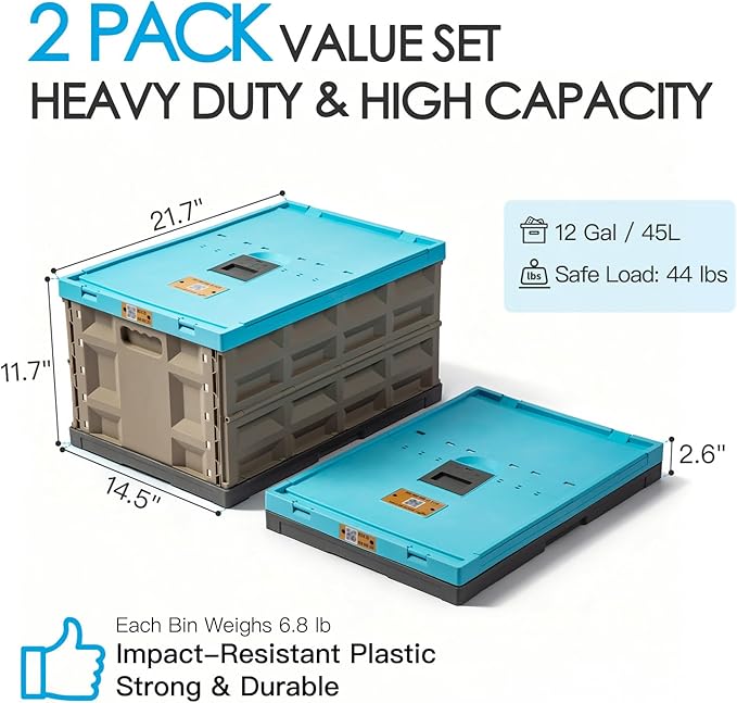 2 Pack Heavy Duty Storage Bins with Lids Attached, 12 Gallon Collapsible and Stackable Plastic Containers - 400 LBS Stacking Strength for Garage, RV, Moving (Blue -45L - Pack of 2)