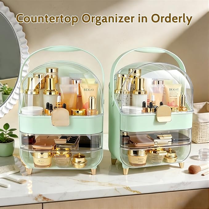 Makeup Organizer with Drawers-Cosmetic Display Case for Vanity|Skincare Organizer with 360 Rotating Brush Holder,Large Storage Box Dresser,Women Gifts Display Cases for Bathroom Countertop,Green