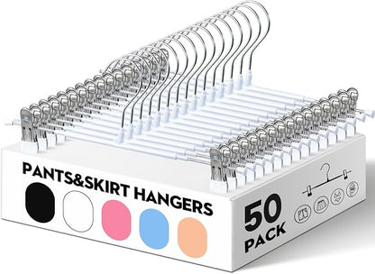 HUADYMEET 50 Pack 14Inch Pants Hangers with Clips,Metal Trouser Hanger for Jeans.Space Saving Skirt Hangers Heavy Duty Non-Slip Adjustable Clothes Shorts Hanger for Women,Men,White