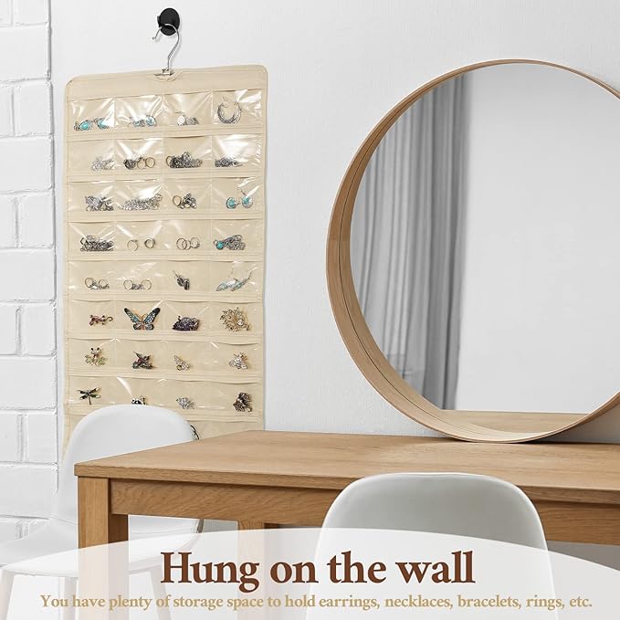 Kenning 6 Pcs Hanging Jewelry Pocket Organizer Storage Roll with 80 Pockets, Dual Sided Hanging Women Jewelry Holder Accessories Holder Closet Earring Storage for Necklace Bracelet Ring