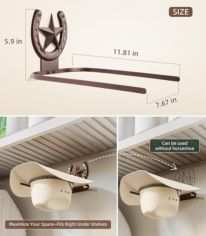 Cowboy Hat Rack Wall Mount,Cowboy Hat Holder for Wall,Western Home Decor,Hat Organizer for Caps,Rustic Horseshoe Star Metal Hat Hanger for Closet Horse Trailer Entryway Bedroom,4 Pack,Bronze