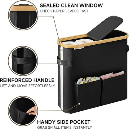 StorageWorks Toilet Paper Storage Baskets with Dual Flip Lids, Toilet Paper Organizer for Bathroom, Toilet Paper Container with Side Pocket, Holds 9 Mega or 12 Regular Rolls, Medium, Black