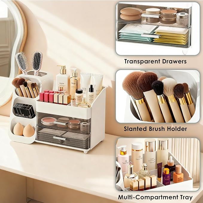 Makeup Organizer with Brush Holder for Vanity, Spacious Cosmetic Display Case with 2 Drawers, The Perfect Bathroom Vanity Organizer for Beauty Essentials, Skincare, Lipsticks