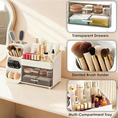 Makeup Organizer with Brush Holder for Vanity, Spacious Cosmetic Display Case with 2 Drawers, The Perfect Bathroom Vanity Organizer for Beauty Essentials, Skincare, Lipsticks
