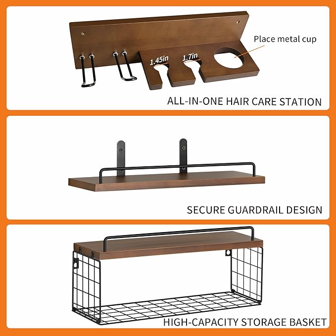 3-Tier Bathroom Floating Shelves with Curling Iron Holder & Hair Tool Organizer, Wall Mounted Rustic Wood Storage Rack Over Toilet with Hair Dryer Holder for Bathroom Decor & Organization