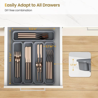 5 Pack Silicone Drawer Organizer for Kitchen, DIY Free Combination Silverware Organizer, Utensil Drawer Organizer, Moisture-proof and Heat-resistant up to 200°C, Anti-slip Design (Grey)