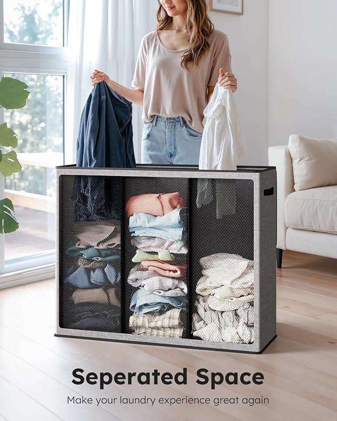 SOLEDI 180L Laundry Hamper 3 Section, Extra Large Laundry Hamper with Lid, Dirty Clothes Hamper with Sturdy Handle, Large Laundry Basket Organizer for Laundry Room, Bedroom, Hampers for Laundry