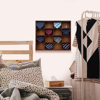 Tie Organizer Wall Mounted Tie Rack,Tie Box for Men,Tie Box Organizer with 16 Compartments，Tie Display Racks for Bedroom, Changing Room, Men Wardrobe(Brown,2 PCS)