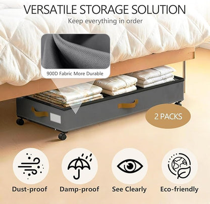 Under Bed Storage with Wheels 2-Pack, 75L XXL Under the Bed Storage Containers Large, 12" Tall Adjustable Storage for Underbed with Lids, Rolling for Clothes, Shoes, Blankets (Grey)