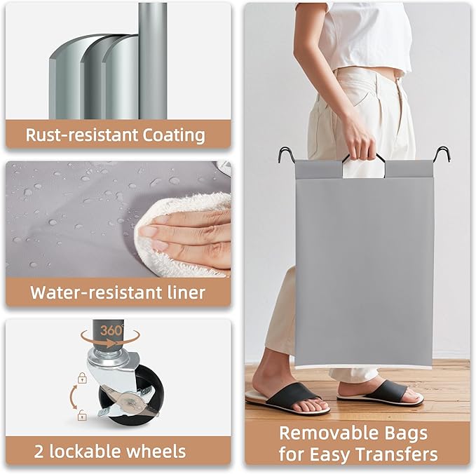 STORAGE MANIAC 5 Section Laundry Sorter, 5 Bins Rolling Separator Laundry Basket, Dirty Clothes Hamper Divider with Heavy Duty Rolling Lockable Wheels, Large Clothes Organizer Cart, Gray