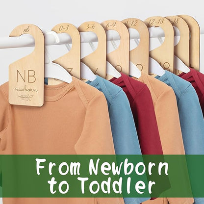 Wooden Baby Closet Dividers - 8 Pcs Double-Sided Design for Newborn Nursery Room Wardrobe Storage by Months Size - Perfect Toddler Clothes Organizer (Olive-1)