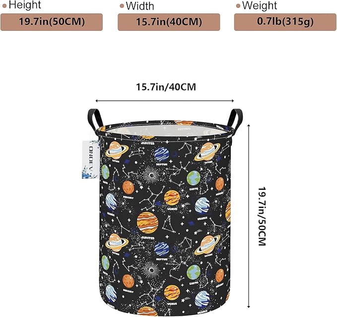 Kids Laundry Hamper, Large Collapsible Round Solar System Space Themed Laundry Basket, Waterproof Fabric Planets Organizer with Handles for Boys Bedroom Nursery Playroom