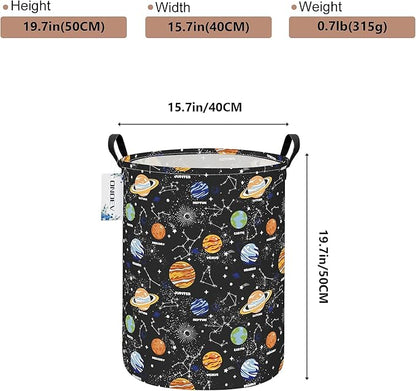 Kids Laundry Hamper, Large Collapsible Round Solar System Space Themed Laundry Basket, Waterproof Fabric Planets Organizer with Handles for Boys Bedroom Nursery Playroom