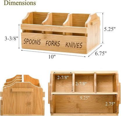 Yesland Silverware Holder Caddy, 4 Compartments Wooden Utensil Holder Flatware with Handle, Bamboo Cutlery Holder Organizer Containers for Party, Kitchen Countertop, Forks, Spoons, Knives, Napkins