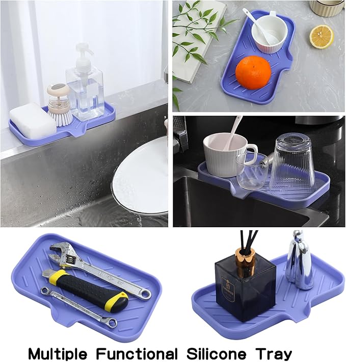 MicoYang Silicone Bathroom Soap Dishes with Drain Spout-Bathroom and Kitchen Sink Organizer,Sponge Holder,Dish Soap Tray,Perfect for Dispenser,Scrubber,Bottle on Sink or Counter-Light Purple 9.6"×5.3"