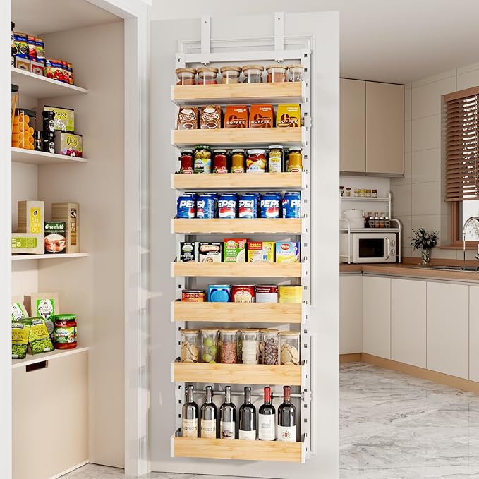 8-Tier Over The Door Pantry Organizer, Heavy-Duty Metal Wall Mount or Hanging Spice Rack, behind the door storage Shelves with Adjustable Basket, Back of Door Organizer for Kitchen Cabinet and Closet