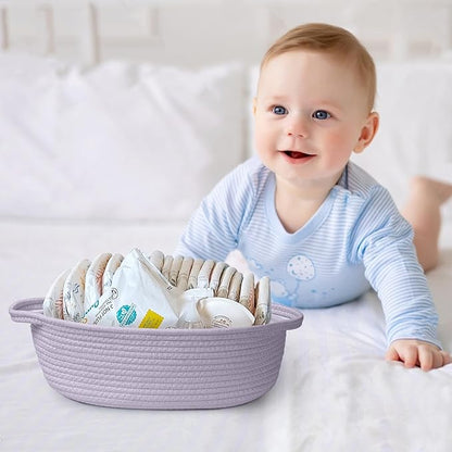 MEGASKET Purple Small Woven Basket, 13” x 9” x 5” Baskets for Gifts Empty, Cotton Rope Gift Basket, Cute Nursery Baby Organizer, Cat Dog Toy Box, Oval Wicker Storage Bin with Handle