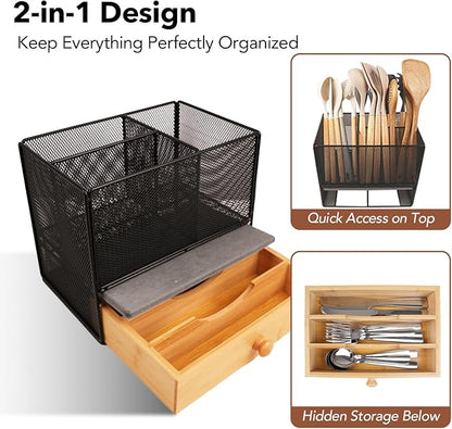 Kitchen Utensil Holder Countertop, Extra Large Utensil Organizer with Drawer, 2-In-1 Utensil & Silverware Holder for Countertop, Kitchen Organizer for Cookware Spatula, with Quick Dry Diatomite Base