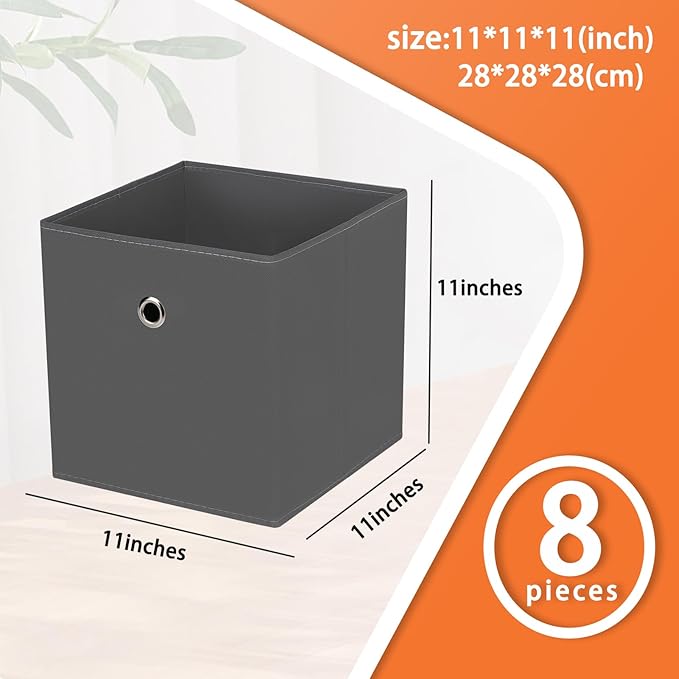 Foldable Storage Cubes Bins ,11 Inch Cloth Storage Cube Fabric Storage Box Cubes Organizer Baskets with Handles for Home Organizer Set of 8 (Grey)