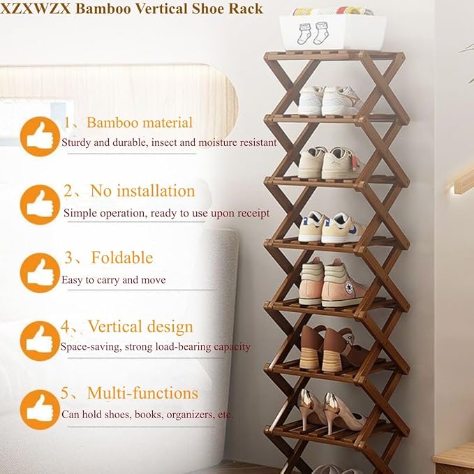 Foldable Shoe Rack, Bamboo Vertical Shoe Organizer Tall for Small Spaces. Multifunctional Narrow Shoe Shelf for Entryway, Closet, Corner, Bedroom, Hallway, Brown Color 6 Layers