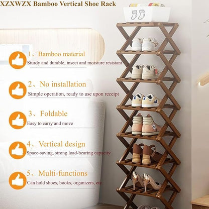 Foldable Shoe Rack, Bamboo Vertical Shoe Organizer Tall for Small Spaces. Multifunctional Narrow Shoe Shelf for Entryway, Closet, Corner, Bedroom, Hallway, Brown Color 6 Layers