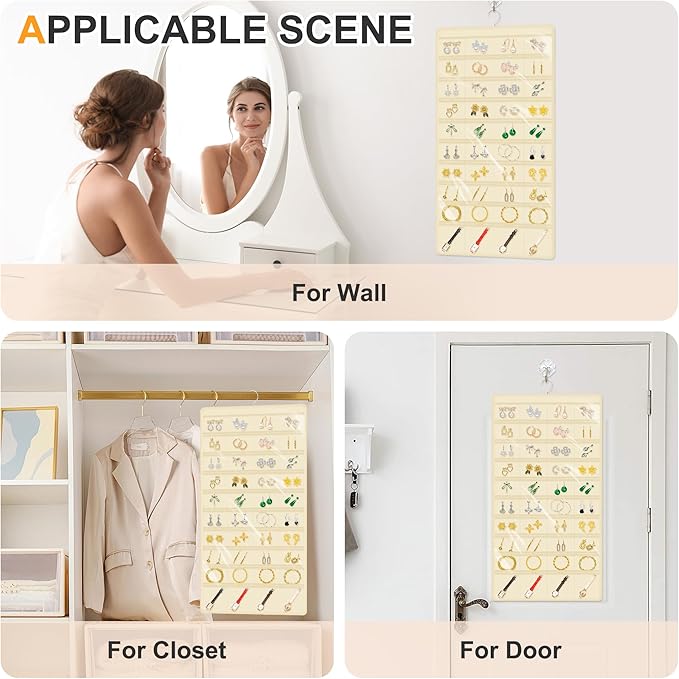 Hanging Jewelry Organizer Storage for Closet Wall Door Travel with 80 Clear Double-Sided Pockets for Earrings, Necklaces, Rings, Bracelets,1 Pcs