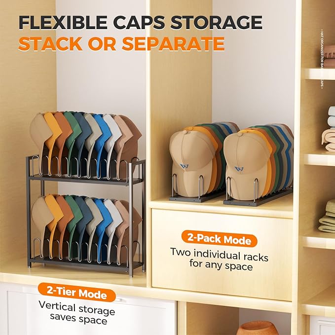 Cinati 2-Tier Hat Organizer for Baseball Caps, 18 Capacity Freestanding Baseball Cap Rack, Metal & Wood Hat Storage for Closet Entryway Bedroom, Black Cap Holder Stand, Gifts for Men Dad