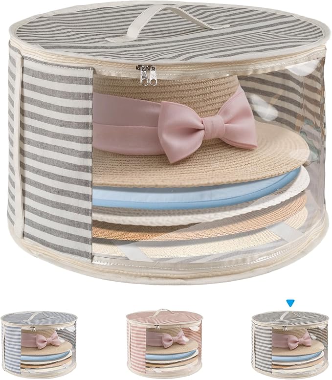 1 Pack Hat Storage Box with Clear Window, Holds up to 7 Caps Cowboy Hat Organizer Bag for Closet for Wide Brim Hats with Carrying Handles, Gray