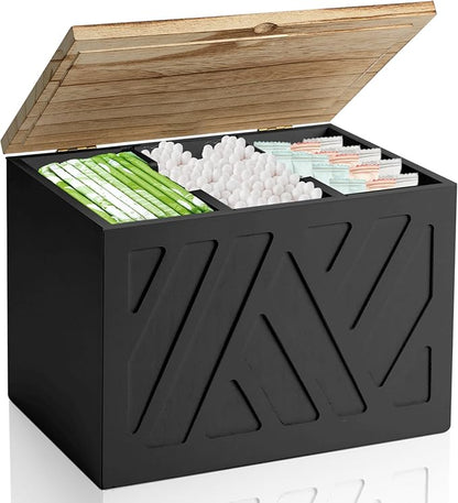 Tampon Holder for Bathroom, Feminine Product Organizer, Pad Organize Case with Lid, Shark Week Wooden Tampon Storage Decor, Lady Girl Stuff Box for Toilet Bathroom Accessories- Black