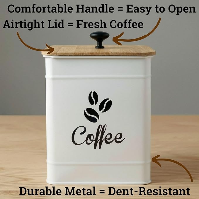 Airtight Coffee Canister - 40 oz Large Iron White Coffee Container Airtight - 6 x 8 inch Metal Jar - Stylish Countertop Container for Coffee Grounds, Beans, Pods & More with Rubber-Lined Bamboo Lid