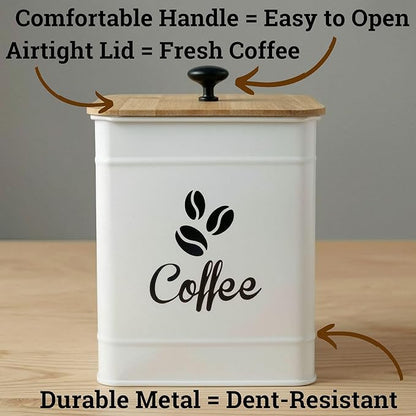 Airtight Coffee Canister - 40 oz Large Iron White Coffee Container Airtight - 6 x 8 inch Metal Jar - Stylish Countertop Container for Coffee Grounds, Beans, Pods & More with Rubber-Lined Bamboo Lid